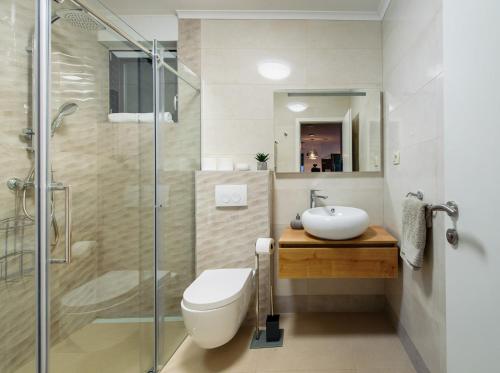 uma casa de banho com um WC, um lavatório e um chuveiro em Villa Leona a luxury villa near Makarska, heated pool em Živogošće