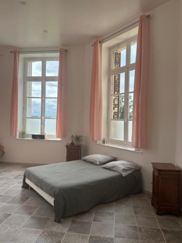 une chambre avec un lit et deux fenêtres dans l'établissement Suite Bien être du Château de la Bouchatte, à Chazemais
