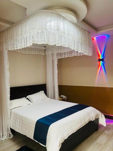 1 dormitorio con 1 cama con dosel blanco en Gator's Hotel Kasese, en Kasese