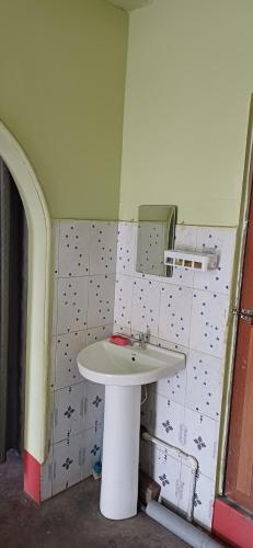La salle de bains est pourvue d'un lavabo et d'un miroir mural. dans l'établissement Lama Residency, à Siliguri