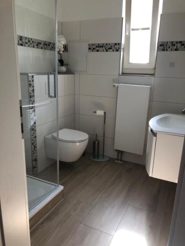 a bathroom with a toilet and a glass shower at Ferienwohnung "Möwe" im Ferien-Resort Rügen in Sagard