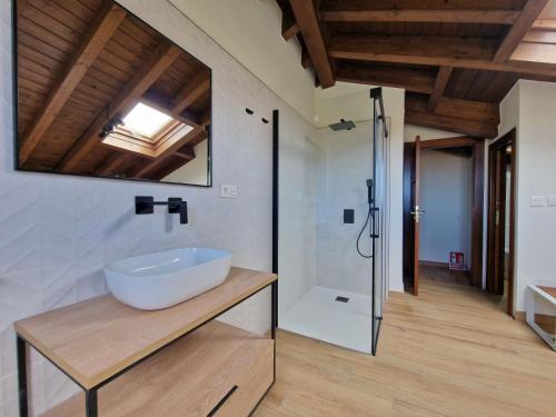 La salle de bains est pourvue d'un lavabo et d'une douche. dans l'établissement Apartamento en Poo de Llanes, à Poo de Llanes