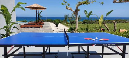 a blue ping pong table with two rackets on it at Blue Harmony villa in Dhrámia