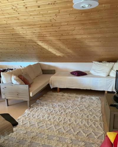 a living room with a bed and a couch at Tahkontilhi in Kuopio