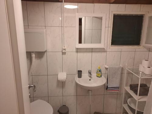 a small bathroom with a sink and a toilet at Robinson house Sea & olives in Tisno