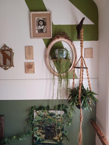 une chambre avec un miroir et une plante dans l'établissement Le Banellou, à Quimper