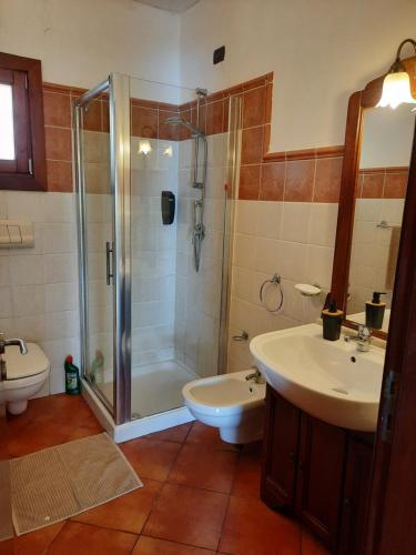 a bathroom with a shower and a sink and a toilet at Porto Antigo 2 Beach Club in Santa Maria