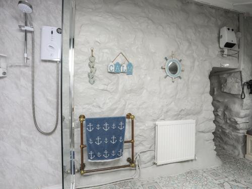 a bathroom with a shower and a blue towel at Tan Yr Allt in Pwllheli