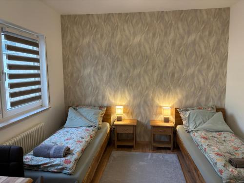 two beds in a room with two lamps on the wall at Anna's Apartment 4 Personen in Wiesbaden