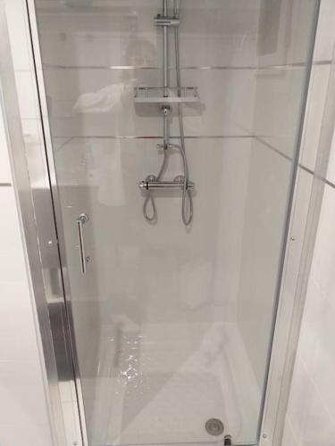 une douche avec une porte vitrée dans une salle de bain dans l'établissement Gîte 3 étoiles Lou Gaston, à Castillon-la-Bataille