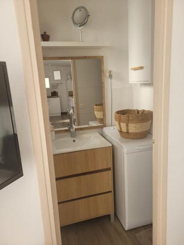 une salle de bain avec un lavabo et une machine à laver dans l'établissement A 2 pas de la Mer, à Fréjus