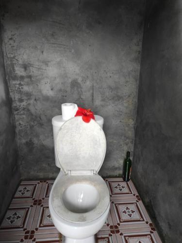 a bathroom with a toilet with a red bow on it at Tanna tree house and bangalows in Lénakel