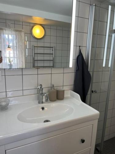 a bathroom with a white sink and a mirror at Korsvirkeslänga in Helsingborg