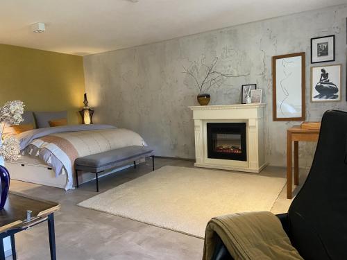 a bedroom with a bed and a fireplace at Exklusiver Souterrain - zentral, ruhig mit großer Terrasse, Bergblick und privaten Sauna zzgl in Immenstadt im Allgäu