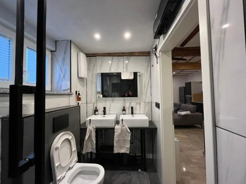 een badkamer met 2 wastafels en een toilet. bij C&A Apartments in Kaiserslautern