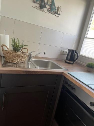 a kitchen sink with a plant in a basket on a counter at Strandperle 2 in Loissin