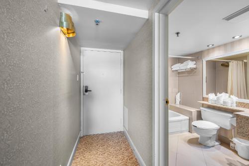La salle de bains est pourvue de toilettes et d'un lavabo. dans l'établissement Le Bordeau à Saint-Sauveur, à Saint-Sauveur-des-Monts