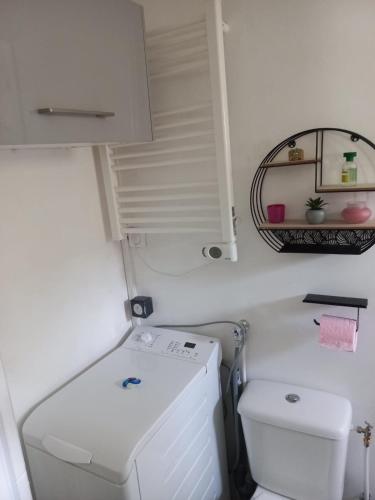 une petite salle de bain avec toilettes et miroir dans l'établissement Maisonnette au calme, à Gennevilliers
