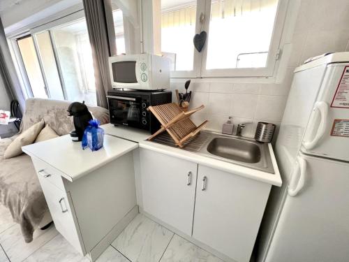 une petite cuisine avec un évier et un réfrigérateur dans l'établissement STUDIO PORT FREJUS, à Fréjus