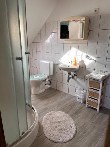 ein kleines Bad mit einem Waschbecken und einem WC in der Unterkunft Györgyi Haus in Bük