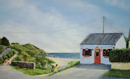 a painting of a small house on the beach at Kilcavan Chalet in Gorey