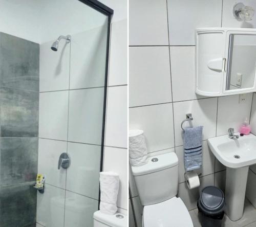 a bathroom with a shower and a toilet and a sink at Céntrico Monoambiente con Parrillero Privado in Tarija