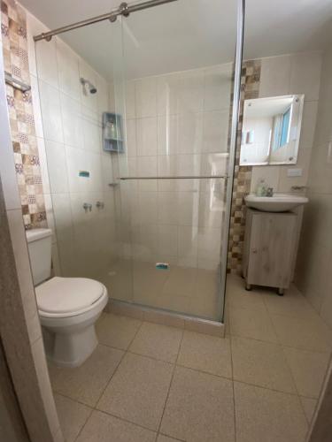 y baño con ducha, aseo y lavamanos. en Apartamento Descanso Central, en Filandia