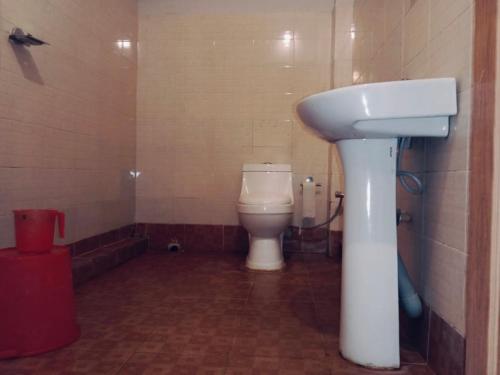 KADAMBINI JUNGLE RESORT في لاتاغري: حمام مع حوض أبيض ومرحاض