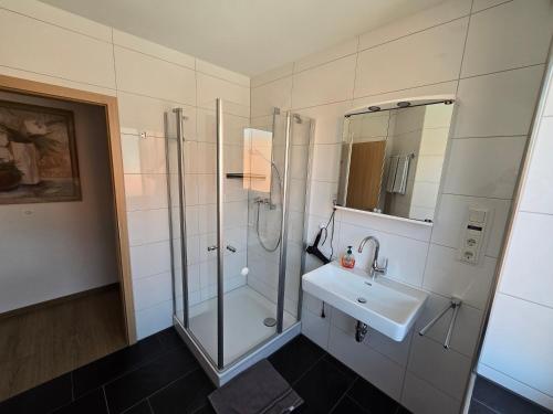 La salle de bains est pourvue d'une douche et d'un lavabo. dans l'établissement Warendorf 12, à Warendorf