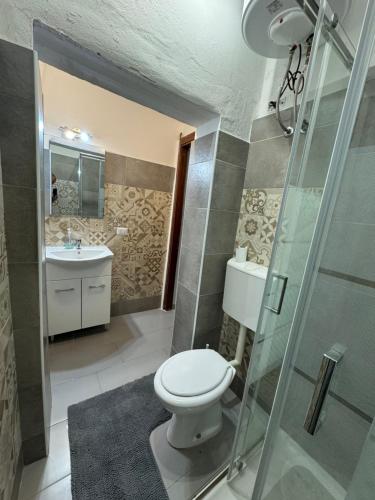 Un baño con inodoro, lavabo y ducha. en Civico 10 II, en Sassari