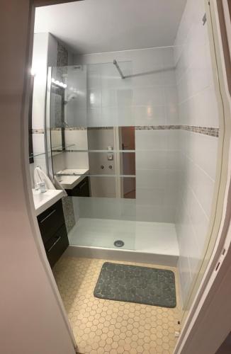 une salle de bain avec douche et lavabo dans l'établissement Studio 27m² - centre-ville - parking privé - Tt équipée - 1km Gare TGV, au Pouliguen
