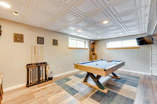a pool table in a room with a ceiling at Pet-Friendly Pocono Lake Home with Private Hot Tub! in Pocono Lake