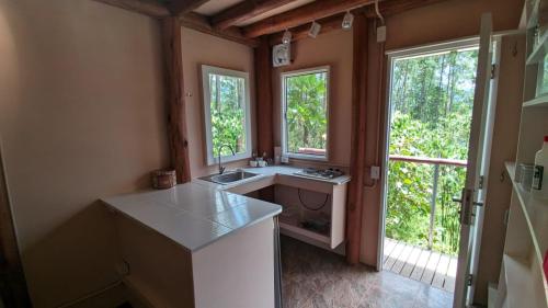 a kitchen with a counter and a sink and two windows at La Esperanza Lodge and Reserve in Jardin