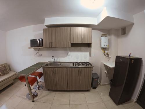 a small kitchen with a sink and a stove at Apartaestudio San luis Rey Norte in Armenia