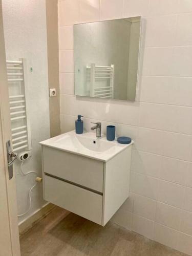 une salle de bain blanche avec un lavabo et un miroir dans l'établissement Blois : charmant studio, à Blois