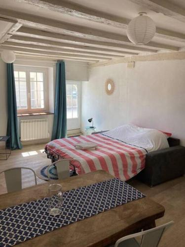 une chambre avec un lit, une table et des chaises dans l'établissement Blois : charmant studio, à Blois