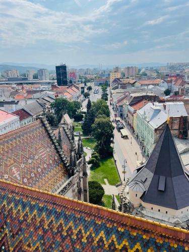 an aerial view of a city with a building at Central Apartment NEW STUDIO in Košice