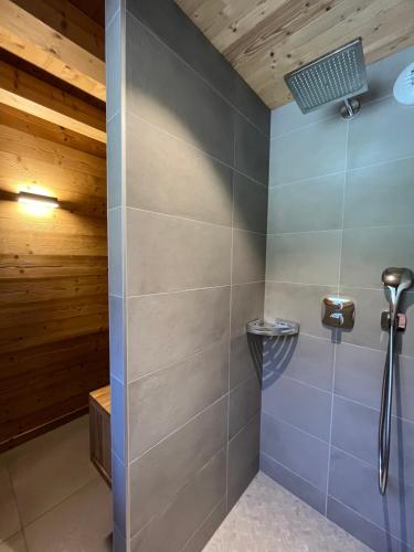 a shower in a bathroom with wooden ceilings at Chalet au cœur des bois in Larringes