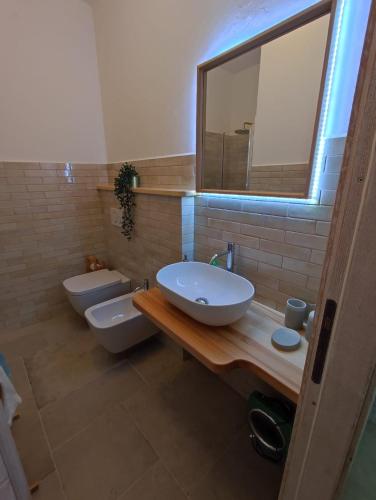 a bathroom with two toilets and a sink and a mirror at Villa Jana in Porto Pollo