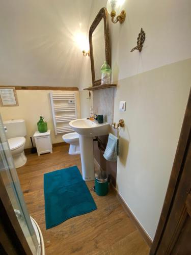 une salle de bain avec un lavabo, des toilettes et un miroir dans l'établissement Plages du débarquement et bord de mer, à Grandcamp-Maisy
