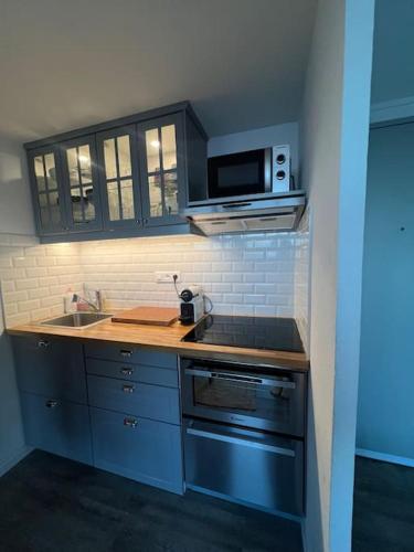 une cuisine avec un évier et un micro-ondes dans l'établissement Appartement terrasse belle vue en duplex parking, à Sète
