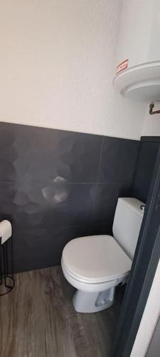 La salle de bains est pourvue de toilettes blanches et d'un mur noir. dans l'établissement Appartement neuf classé pour 4, à Huez