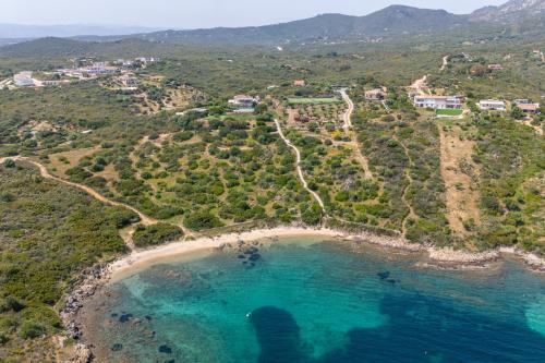 an aerial view of a beach with turquoise water at SPLENDIDA VILLA SOS ARANZOS SPIAGGIA PRIVATA in Pittulongu
