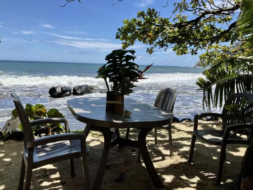 Mariuti的住宿－LE ROCHER DE TAHITI，海滩上桌椅和植物