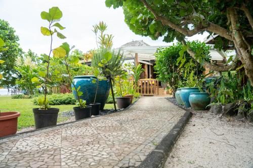 a walkway lined with potted plants in front of a house at LE ROCHER DE TAHITI in Mariuti