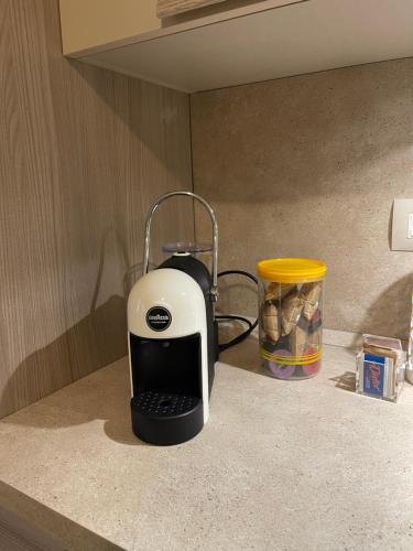 un grille-pain posé sur un comptoir à côté d'une boîte de cacahuètes dans l'établissement Green and Relax, à Pozzolengo