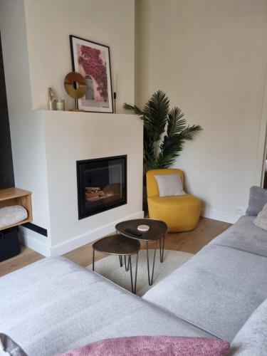 sala de estar con sofá y chimenea en vakantiewoning 266, en De Panne