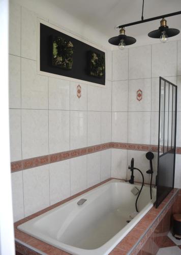 a bath tub in a bathroom with two plants on the wall at Domaine des cyprès in Vaudrimesnil