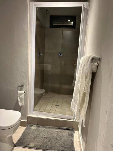 a bathroom with a shower with a toilet and a sink at Circa Lynnwood in Pretoria