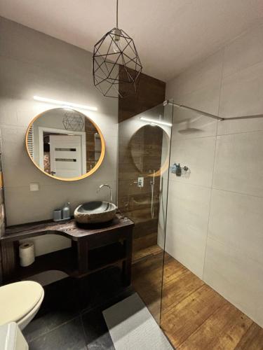 Un baño con lavabo y ducha con espejo. en Altoria Sunset Gdynia, en Gdynia